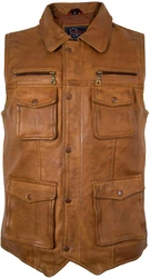 MDM Herren Freizeit Lederweste Braun/Beige/Rot