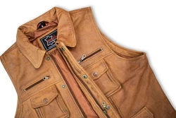 MDM Herren Freizeit Lederweste Braun/Beige/Rot