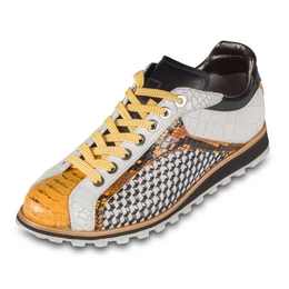 Leder-Sneaker gelb mit schwarz/wei, raffinierte Prgung, Flechtleder Sneaker Handgefertigt in Italien
