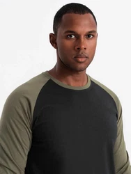 OMBRE Langarmshirt mit kontrastierenden Raglanärmeln Schwarz/Dunkelgrün/Khaki