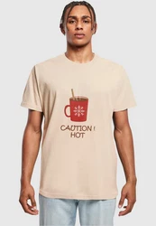 Merchcode Herren Caution Hot T-Shirt Round Neck Beige/Braun/Khaki/Dunkelbraun