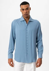 Antioch Blusenshirt Marino Open Collar Relax Fit Long Sleeve Hellblau/Blau