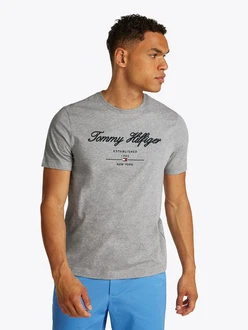 Tommy Hilfiger T-Shirt SCRIPT LOGO TEE mit Logo Grau/Hellblau