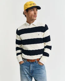 Rundhalspullover STRIPED COTTON CABLE C-NECK besticht durch ein durchgehendes Streifenmuster in Zopfstrickstruktur