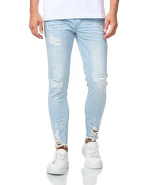 Skinny-fit-Jeans Lssige Herren Jeans im Drestroyed Look Hellblau W34/L32