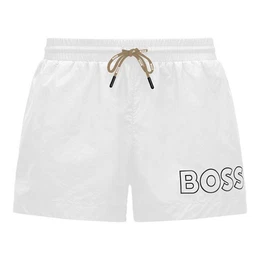 Badeshorts Mooneye mit plakativem Markenschriftzug auf dem linken Bein