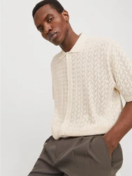 Jack & Jones Polokragenpullover JORTYLER KNIT SS POLO SN Beige/Weiß/Creme