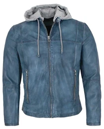 Lederjacke MSRaymond - Herren Lederjacke Lammnappa Kapuze blau