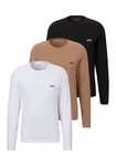 BOSS Langarmshirt R-Neck Classic 3-tlg (Logo-Schriftzug) Braun/Beige/Weiß/Dunkelblau
