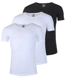 T-Shirt Herren Uni Basic 1702 tief-breit geschnittener Ausschnitt vintage Look (3er-Pack, 3-tlg., 3er-Pack) Rundhalsauschnitt unifarben kurzarm slim fit