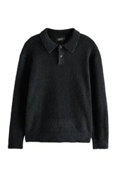 Next Poloshirt Relaxed Fit Langarm-Poloshirt Schwarz/Dunkelgrau