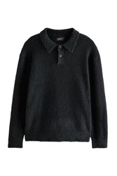 Next Poloshirt Relaxed Fit Langarm-Poloshirt Schwarz/Dunkelgrau
