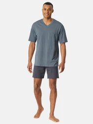 Schiesser Pyjama V-Ausschnitt Comfort Nightwear (2 tlg) Grau/Dunkelblau/Türkis/Blau