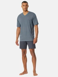 Schiesser Pyjama V-Ausschnitt Comfort Nightwear (2 tlg) Grau/Dunkelblau/Türkis/Blau