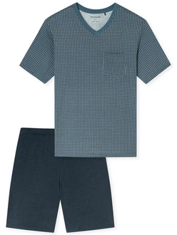 Schiesser Pyjama V-Ausschnitt Comfort Nightwear (2 tlg) Grau/Dunkelblau/Türkis/Blau
