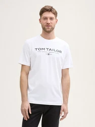 TOM TAILOR T-Shirt aus Baumwolle mit Logo-Print Weiß/Gelb/Grau/Dunkelblau