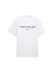 TOM TAILOR T-Shirt aus Baumwolle mit Logo-Print Weiß/Gelb/Grau/Dunkelblau