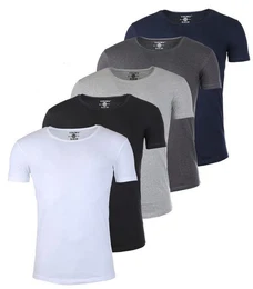 T-Shirt Herren Uni Basic 1702 tief-breit geschnittener Ausschnitt vintage Look (5er-Pack, 5-tlg., 5er-Pack) Rundhalsauschnitt unifarben kurzarm slim fit