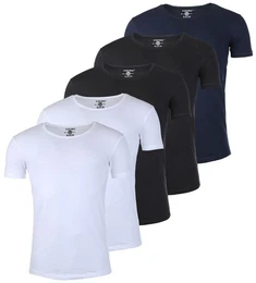 T-Shirt Herren Uni Basic 1702 tief-breit geschnittener Ausschnitt vintage Look (5er-Pack, 5-tlg., 5er-Pack) Rundhalsauschnitt unifarben kurzarm slim fit