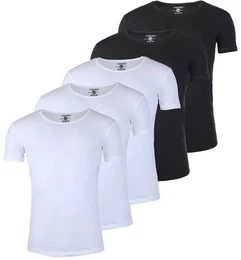T-Shirt Herren Uni Basic 1702 tief-breit geschnittener Ausschnitt vintage Look (5er-Pack, 5-tlg., 5er-Pack) Rundhalsauschnitt unifarben kurzarm slim fit