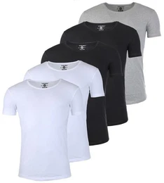 T-Shirt Herren Uni Basic 1702 tief-breit geschnittener Ausschnitt vintage Look (5er-Pack, 5-tlg., 5er-Pack) Rundhalsauschnitt unifarben kurzarm slim fit