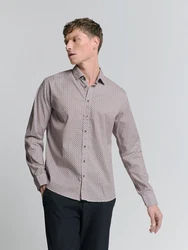 NO EXCESS Langarmhemd Stretchhemd mit Print Bordeaux/Rot/Beige/Braun