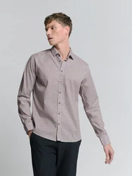 NO EXCESS Langarmhemd Stretchhemd mit Print Bordeaux/Rot/Beige/Braun
