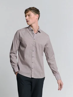 NO EXCESS Langarmhemd Stretchhemd mit Print Bordeaux/Rot/Beige/Braun