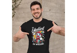 MoonWorks Print Shirt Herren T-Shirt Fasching Karneval Party Es eskaliert eh Spruch  Grau/Weiß/Schwarz/Grün