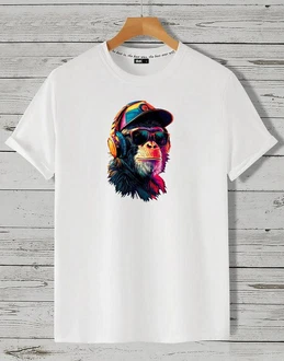 RMK Herren T-Shirt Basic Rundhals Schimpanse Affe DJ Weiß/Creme/Braun