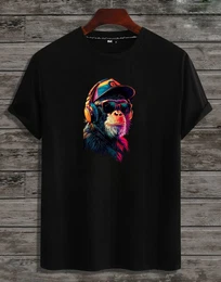 T-Shirt Herren T-Shirt Basic Rundhals Schimpanse Affe DJ aus Baumwolle