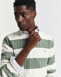 Gant Rundhalspullover STRIPED COTTON CABLE C-NECK Regular Fit Dunkelgrün/Schwarz/Braun/Grün/Hellblau/Türkis/Creme