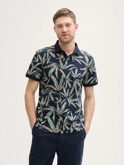 TOM TAILOR Poloshirt Piqu mit Palmen-Print Hellblau/Blau/Rot/Grün