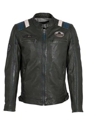Lederjacke MMFurious mit kontrastfarbenen Details, Badges, Reiverschlsse, Stehkragen