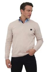 Williot Sweatshirt Arm Patch V-Neck Pullover Beige/Khaki/Braun