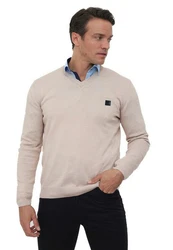 Williot Sweatshirt Arm Patch V-Neck Pullover Beige/Khaki/Braun