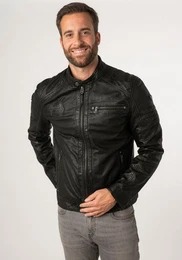 Lederjacke MMJenno mit Jerseykapuze, Reiverschluss, Ziernhte