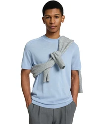 SELECTED HOMME T-Shirt SLHTRAY SS KNIT MERINO CREW Hellblau/Blau/Grau