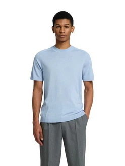SELECTED HOMME T-Shirt SLHTRAY SS KNIT MERINO CREW Hellblau/Blau/Grau