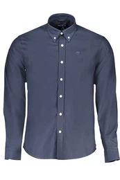 Langarmhemd Herren Langarmshirt Blau: Regular Fit, Bio-Baumwolle, Stickerei