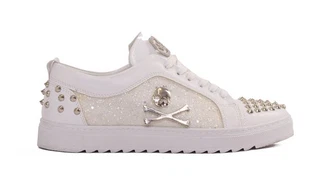 TAMBOGA Herren Sneaker mit Totenkopf Weiß/Creme/Grau/Silber