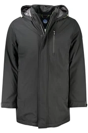 Outdoorjacke Herrenjacke Schwarz: Lange Jacke mit Kapuze aus recyceltem Material