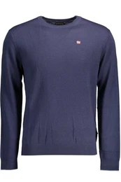 Strickpullover Herren Pullover Blau mit Rundhalsausschnitt und Stickerei-Details