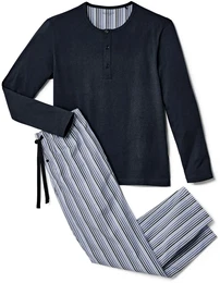 - Pyjama mit gewebter Hose - Dunkelblau/Gestreift - Gr.: XXL - blau - XXL