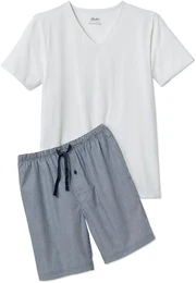 - Shorty-Pyjama mit gewebter Hose - Dunkelblau/Gestreift - Gr.: XL - blau - XL