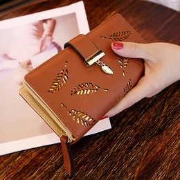 Stylish Black Synthetic Leather Women’ With Golden Hollow Leaf Design - Long Purse Featuring Card Holders, Coin Pouch, And Snap Closure, Coin