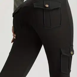 Women's Stretchy Cargo Leggings With Pockets - Casual Black Polyester , Mid-rise, Wear, Machine Washable