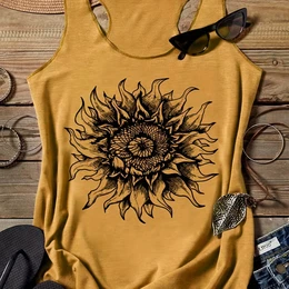 Sunflower Neck Tank Top, Casual Sleeveless Tank Top For Summer, Women's Clothing