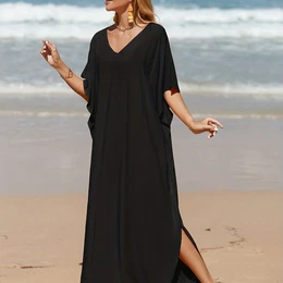 Elegant Bohemian White Beach Kaftan Dress - V-neck, Loose Fit, Batwing Sleeves With Side Slit, Lightweight Viscose, Bikini Cover-up