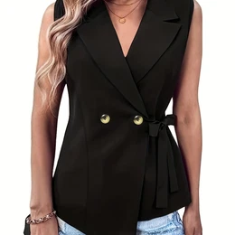 Plus Size Elegant Blazer, Women's Plus Solid Side Knot Double Breast Button Lapel Collar Asymmetric Hem Slight Stretch Blazer Vest
